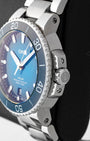 Right side profile view of the pre-owned 2022 Oris Aquis Clean Ocean 01 733 7732 4185 stainless steel case, crown guards, and screwed-in crown.