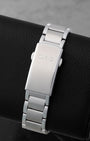 Stainless steel folding security clasp with extension on a black display pillow for the pre-owned 2022 Oris Clean Ocean 01 733 7732 4185.