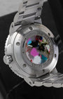 Close-up of the Oris Aquis Clean Ocean Limited Edition caseback featuring its unique medallion made from recycled PET ocean plastic.