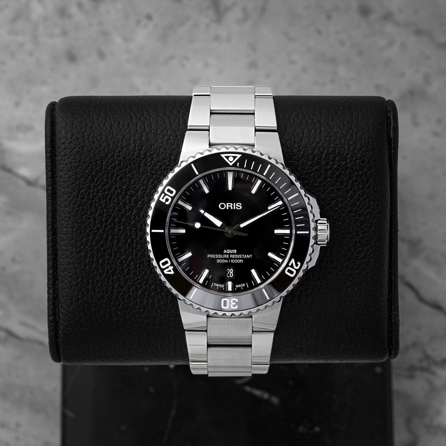 Pre owned 2025 Oris Aquis Date 41.5mm 01 733 7787 4154 black dial watch on steel bracelet at Noah's Fine Watches Dallas