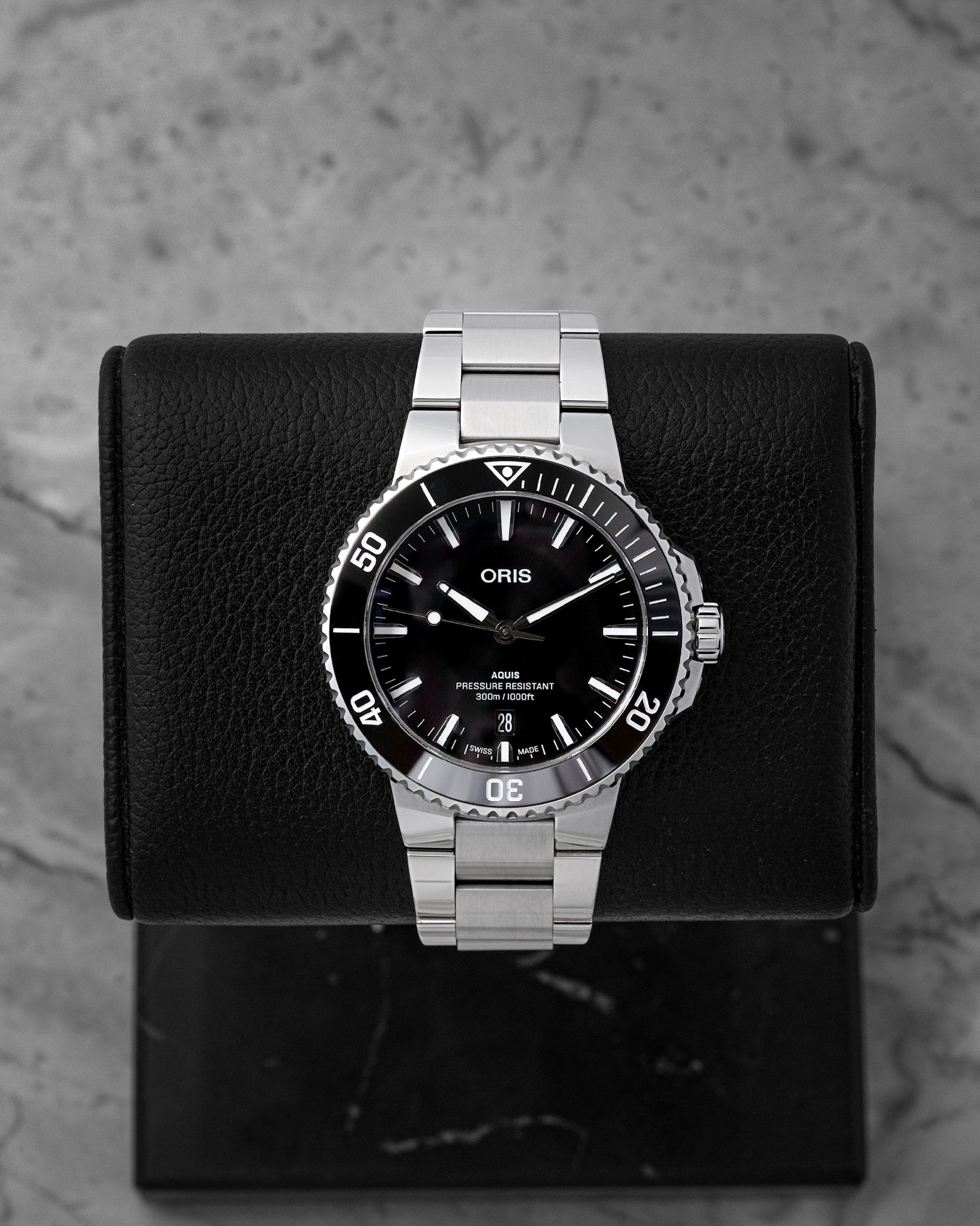 Pre owned 2025 Oris Aquis Date 41.5mm 01 733 7787 4154 black dial watch on steel bracelet at Noah's Fine Watches Dallas