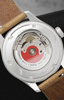 Exhibition sapphire case back displaying the Oris Calibre 754 automatic movement with signature red rotor