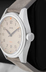 Right side profile view highlighting the oversized winding crown and turbine-inspired knurled bezel edge on an Oris ProPilot