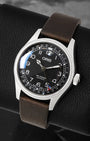 view of Oris Big Crown Pointer Date Waldenburgerbahn showing the black dial, red-tipped date hand, and coin-edge bezel