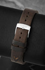 Dark brown Cervo Volante sustainable deer leather strap and steel pin buckle on Oris Big Crown Waldenburgerbahn