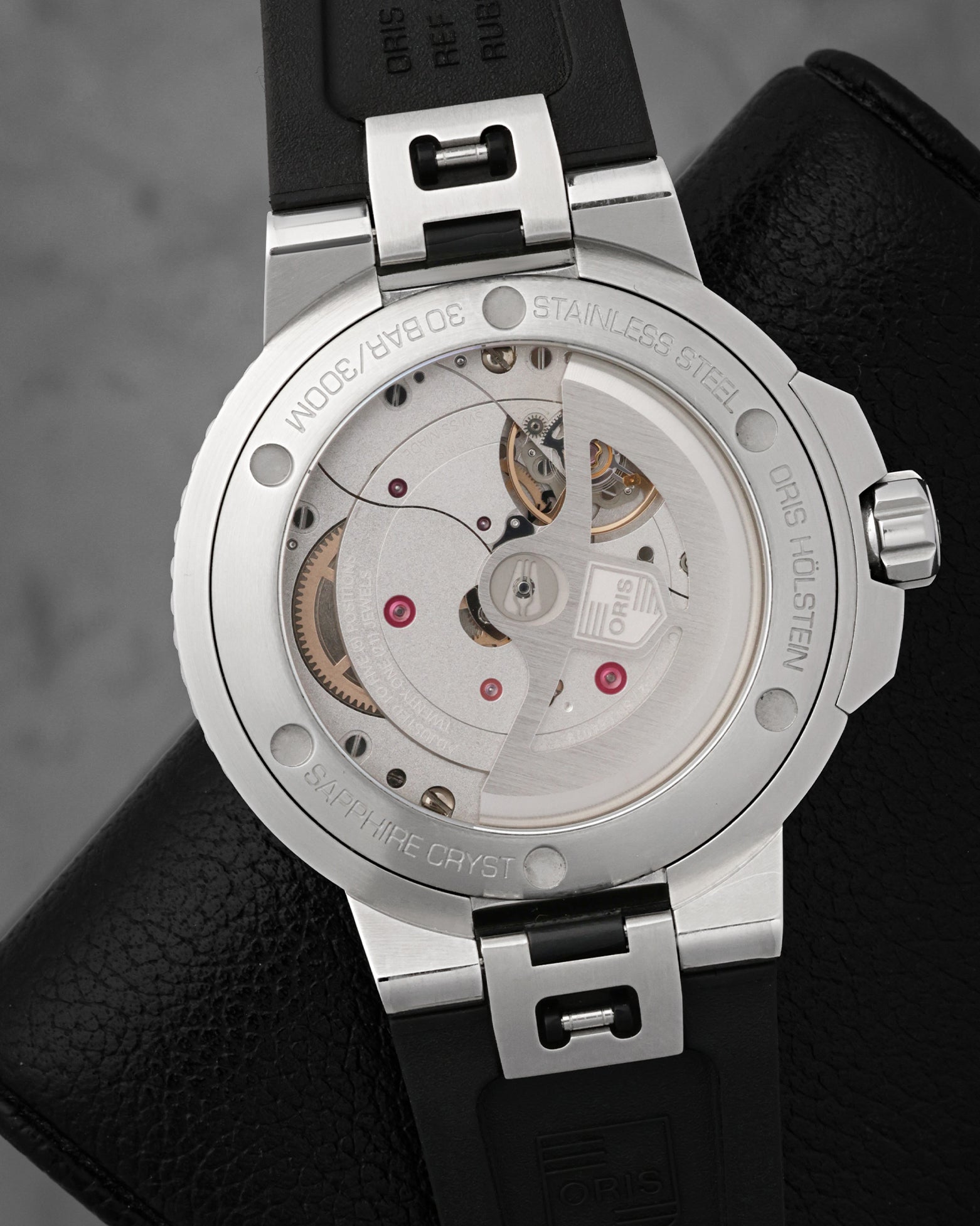 Exhibition caseback view revealing the Oris in-house Calibre 400 automatic movement featuring twin barrels and an anti-magnetic silicon escapement