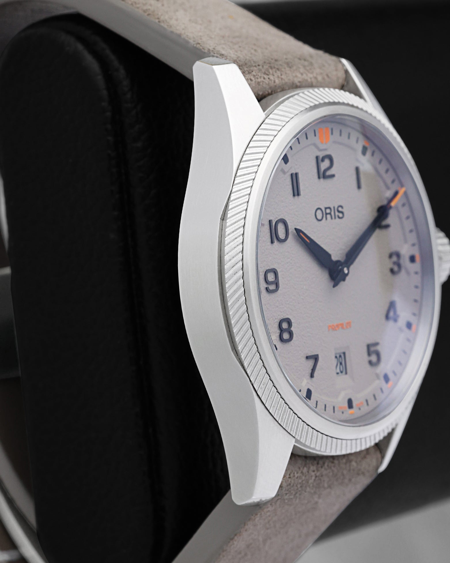 Left side case profile showcasing the professional satin-brushed stainless steel finish of the 41mm Oris ProPilot aviation watch