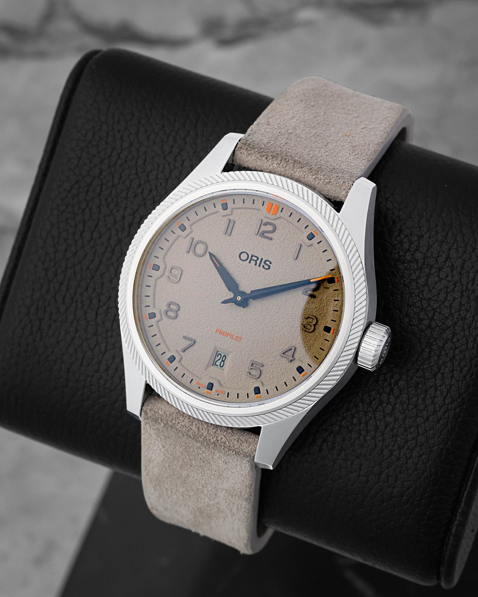 Front angled view of the Oris Big Crown ProPilot Okavango limited edition pilot watch with a textured green dial in Dallas