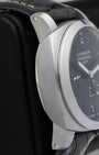 Left side profile view highlighting the satin-brushed 1950 style stainless steel case wall on a 2011 Panerai Luminor GMT PAM00321