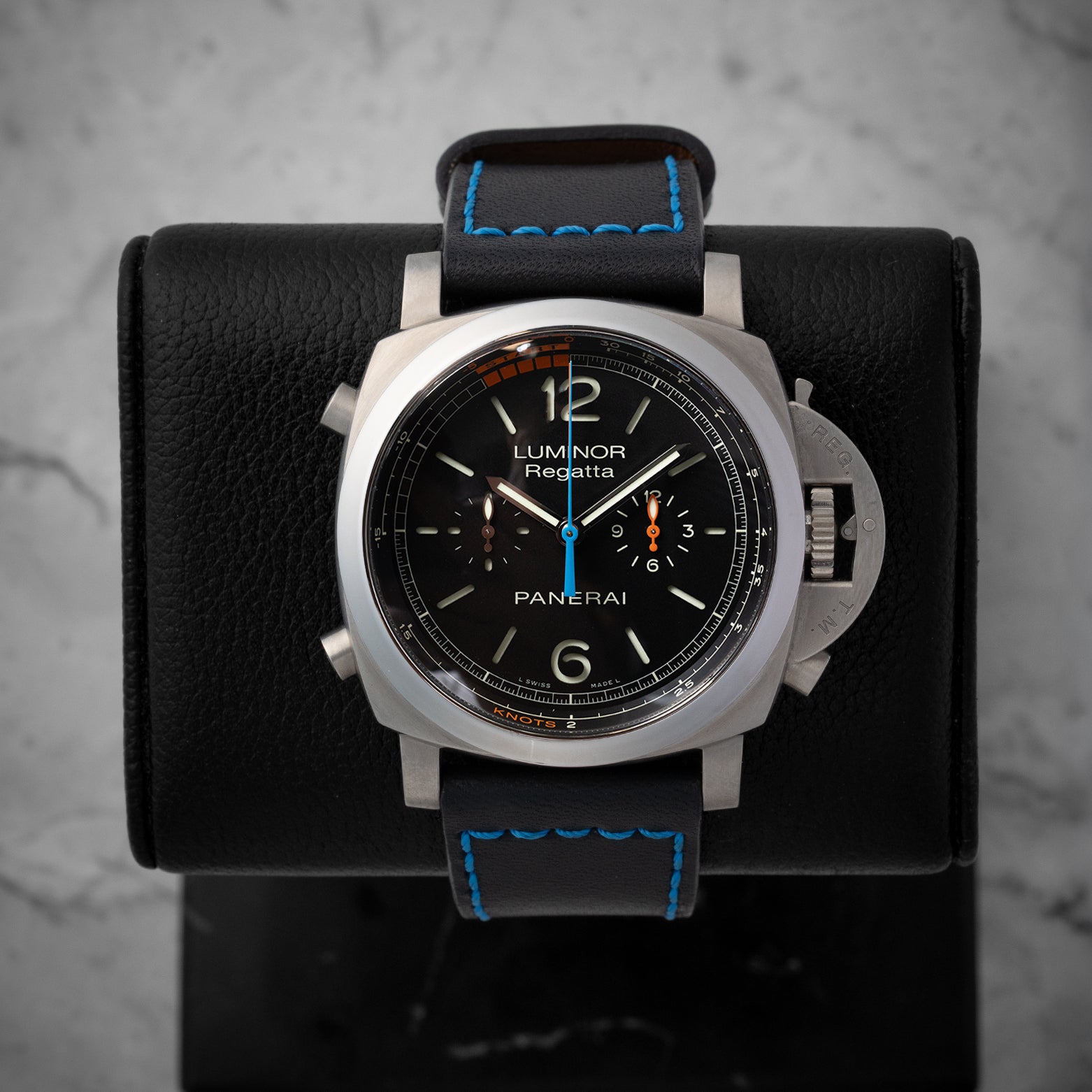 Pre owned 2018 Panerai Luminor 1950 Regatta PAM00526 47mm titanium flyback chronograph at Noah's Fine Watches Dallas