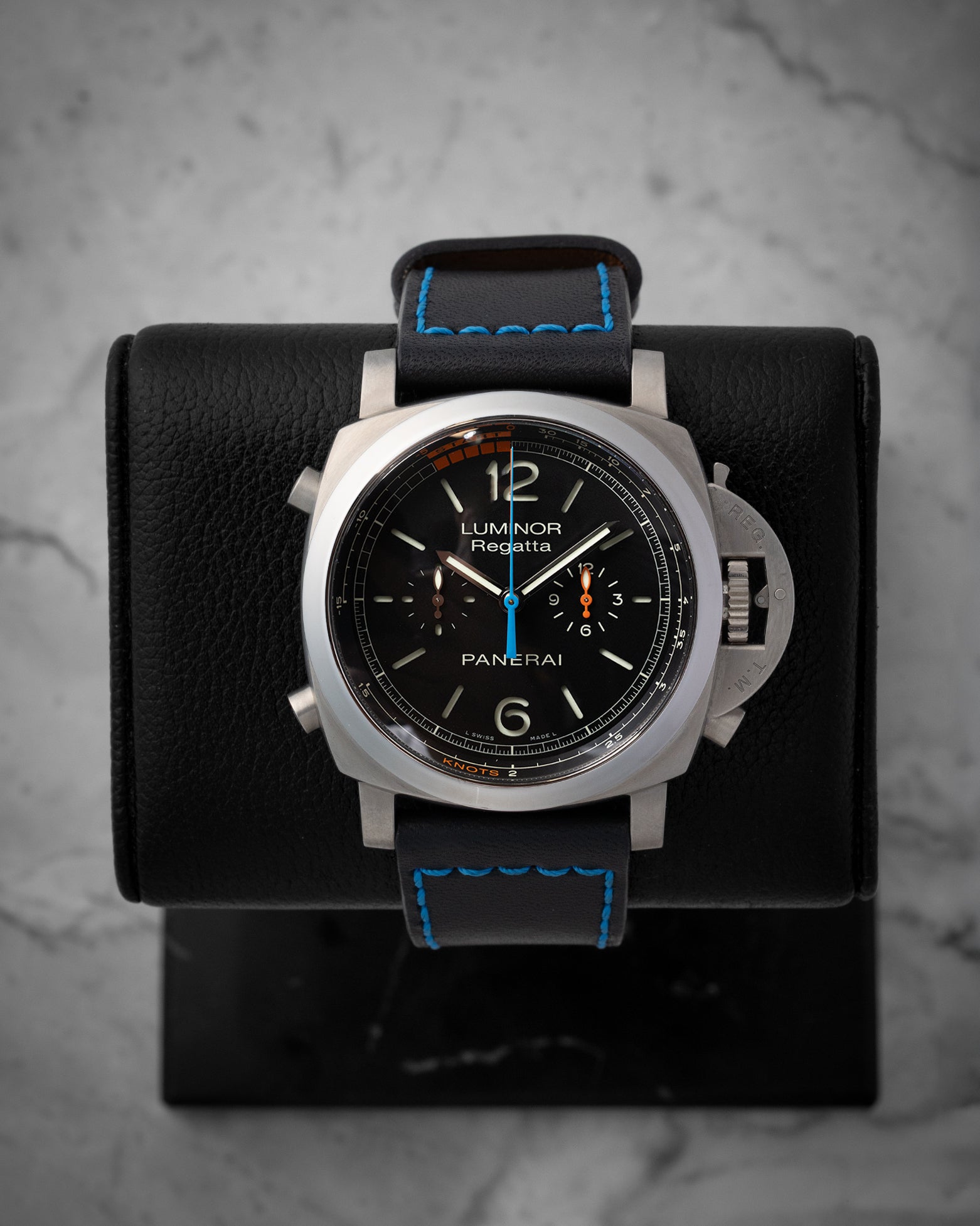 Pre owned 2018 Panerai Luminor 1950 Regatta PAM00526 47mm titanium flyback chronograph at Noah's Fine Watches Dallas