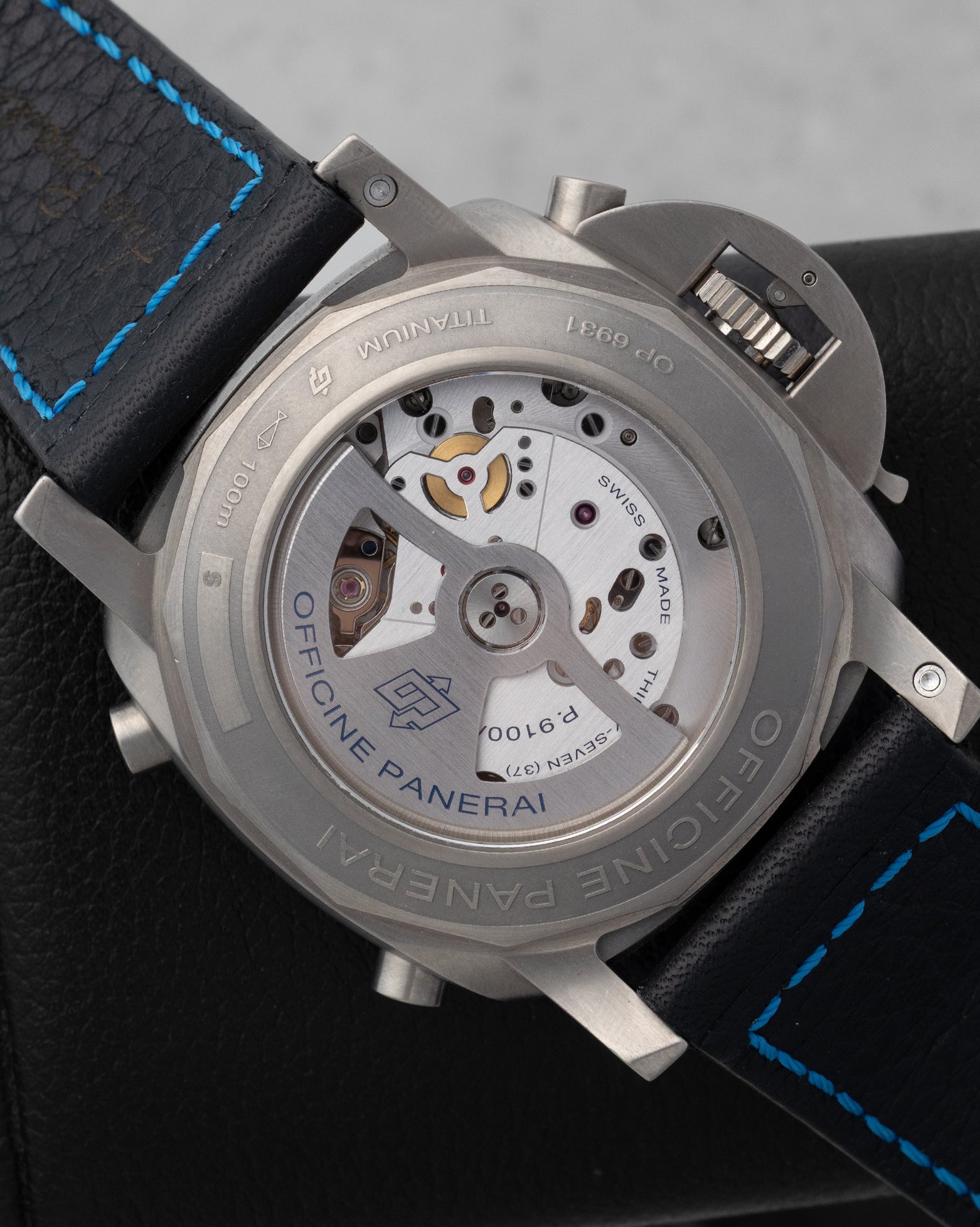 Exhibition sapphire caseback displaying the in-house Panerai Calibre P.9100/R automatic flyback chronograph movement