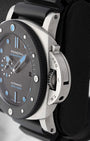 Side profile view of BMG-TECH bulk metallic glass case and iconic trademarked crown protection bridge on Panerai PAM00799