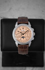 Front view of a pre-owned 2021 Patek Philippe Grand Complications 5270P-001 featuring a platinum case and golden opaline salmon dial, available at Noahs Fine Watches and Jewelry Dallas