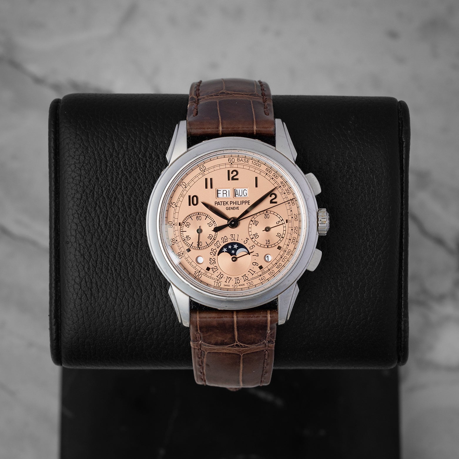 Front view of a pre-owned 2021 Patek Philippe Grand Complications 5270P-001 featuring a platinum case and golden opaline salmon dial, available at Noahs Fine Watches and Jewelry Dallas