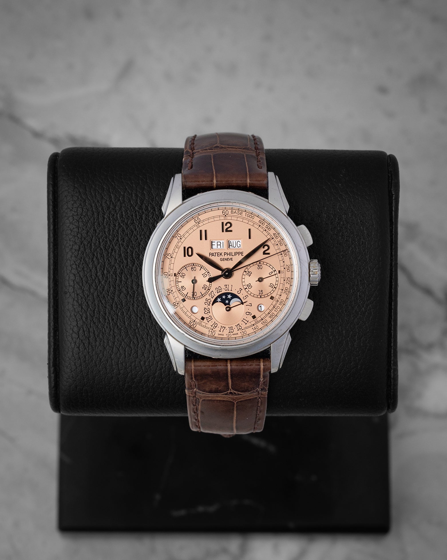 Front view of a pre-owned 2021 Patek Philippe Grand Complications 5270P-001 featuring a platinum case and golden opaline salmon dial, available at Noahs Fine Watches and Jewelry Dallas
