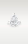 Front view of a platinum engagement ring featuring a large pear-cut diamond flanked by tapered baguette side stones from Noah's Fine Watches & Jewelry in Dallas, TX