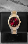 A preowned 2025 Omega Seamaster Aqua Terra 150M reference 220.20.38.20.10.002 displaying its sun-brushed burgundy lacquer dial and 18k Moonshine Gold accents at Noah's Fine Watches & Jewelry in Dallas