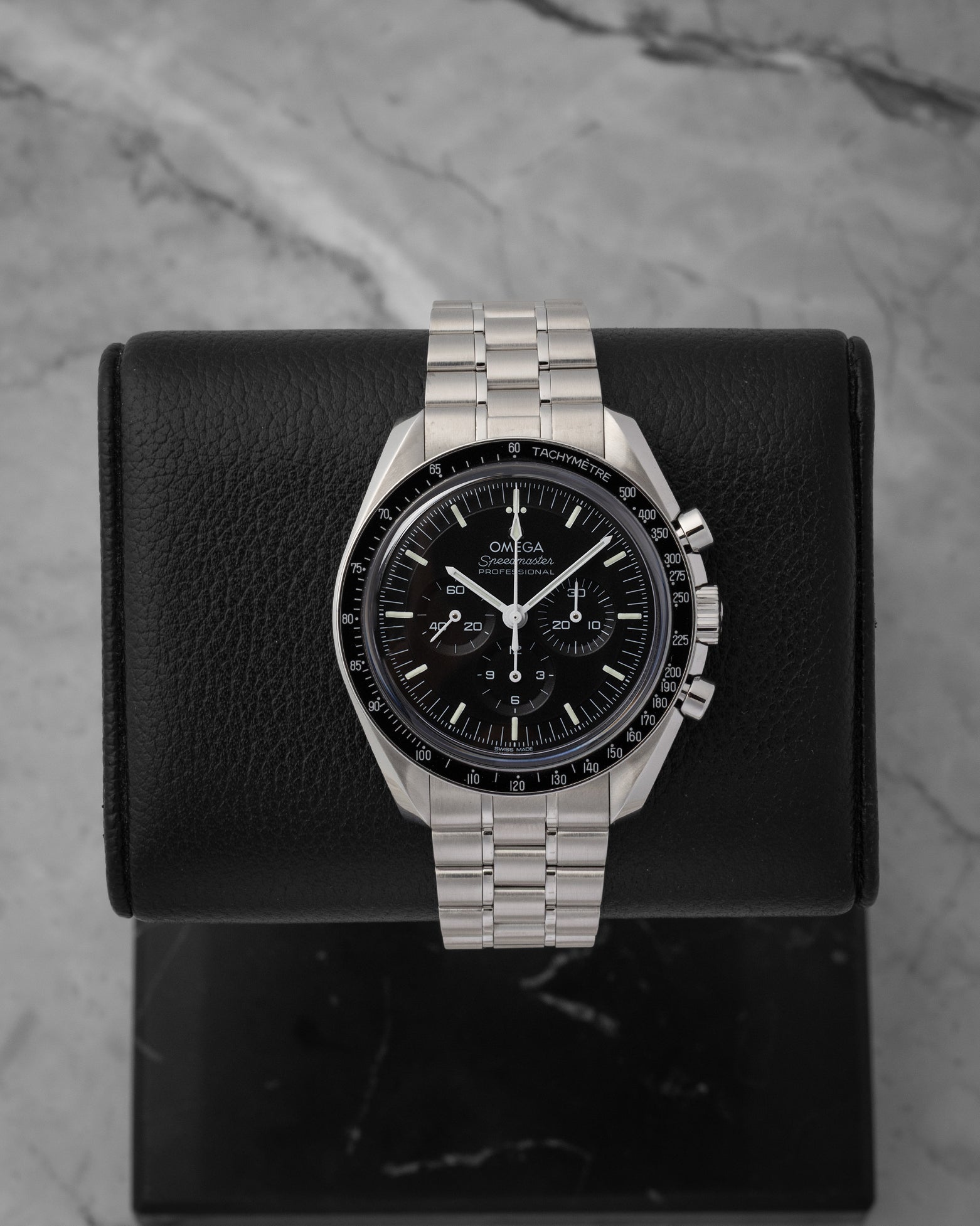 A preowned 2025 Omega Speedmaster Professional Moonwatch reference 310.30.42.50.01.002 featuring a matte black step dial, tri-compax chronograph layout, and sapphire crystal at Noah's Fine Watches & Jewelry in Dallas