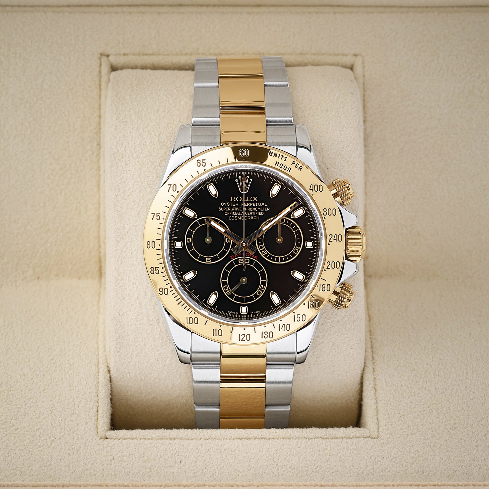 Preowned Rolex Cosmograph Daytona 116523 two-tone steel and 18k yellow gold watch with black racing dial at Noah's Fine Watches and Jewelry Dallas Texas