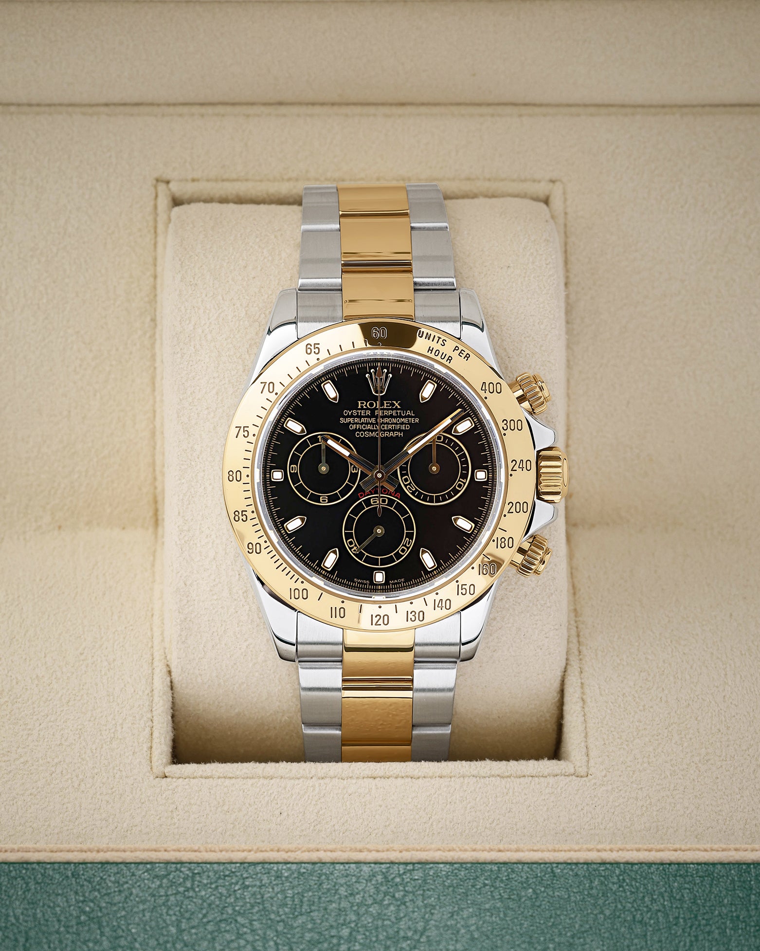 Preowned Rolex Cosmograph Daytona 116523 two-tone steel and 18k yellow gold watch with black racing dial at Noah's Fine Watches and Jewelry Dallas Texas