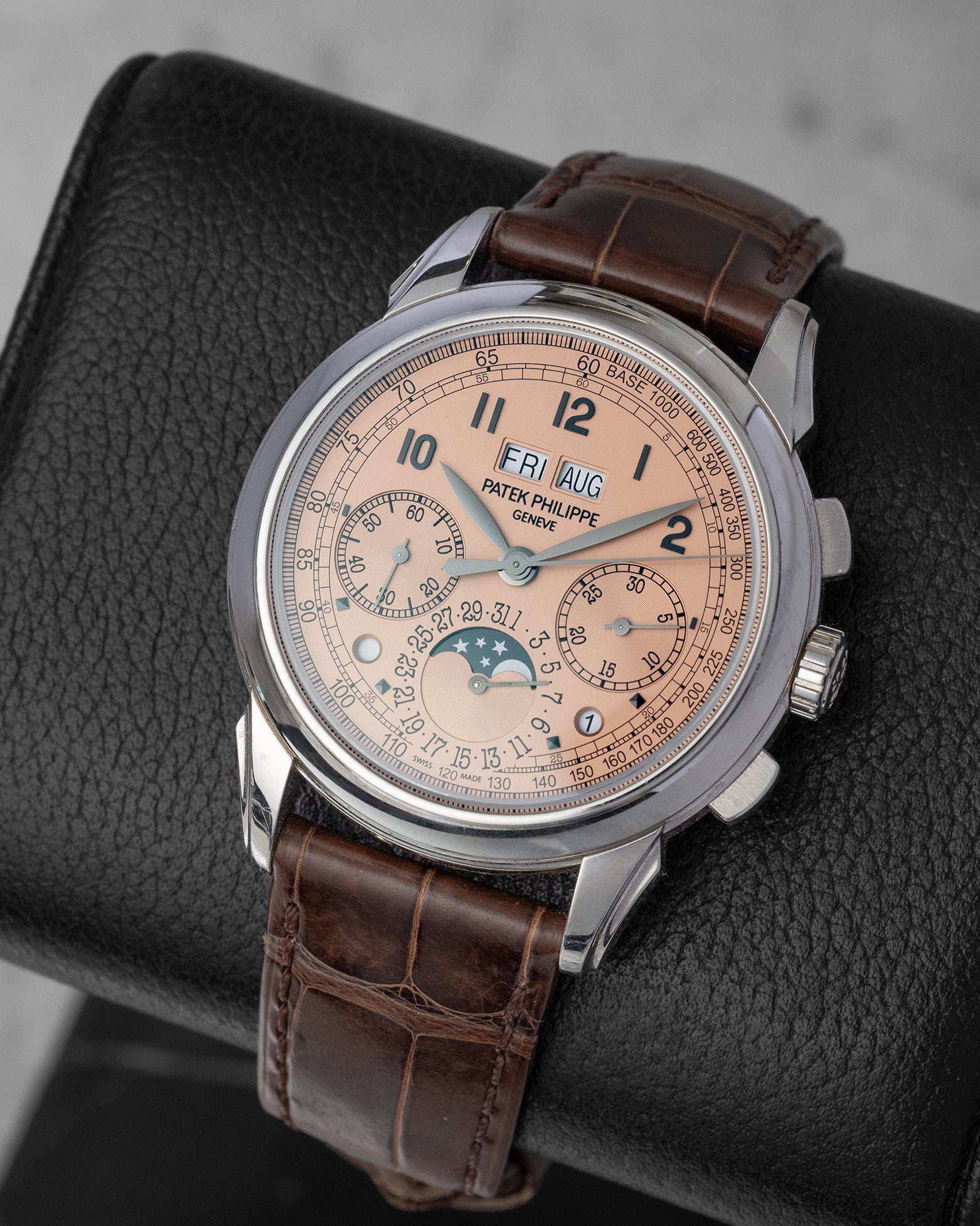 Right three-quarter angled perspective of the Patek Philippe 5270P-001 showcasing the moon phase indicator, leap year window, and brown alligator leather strap