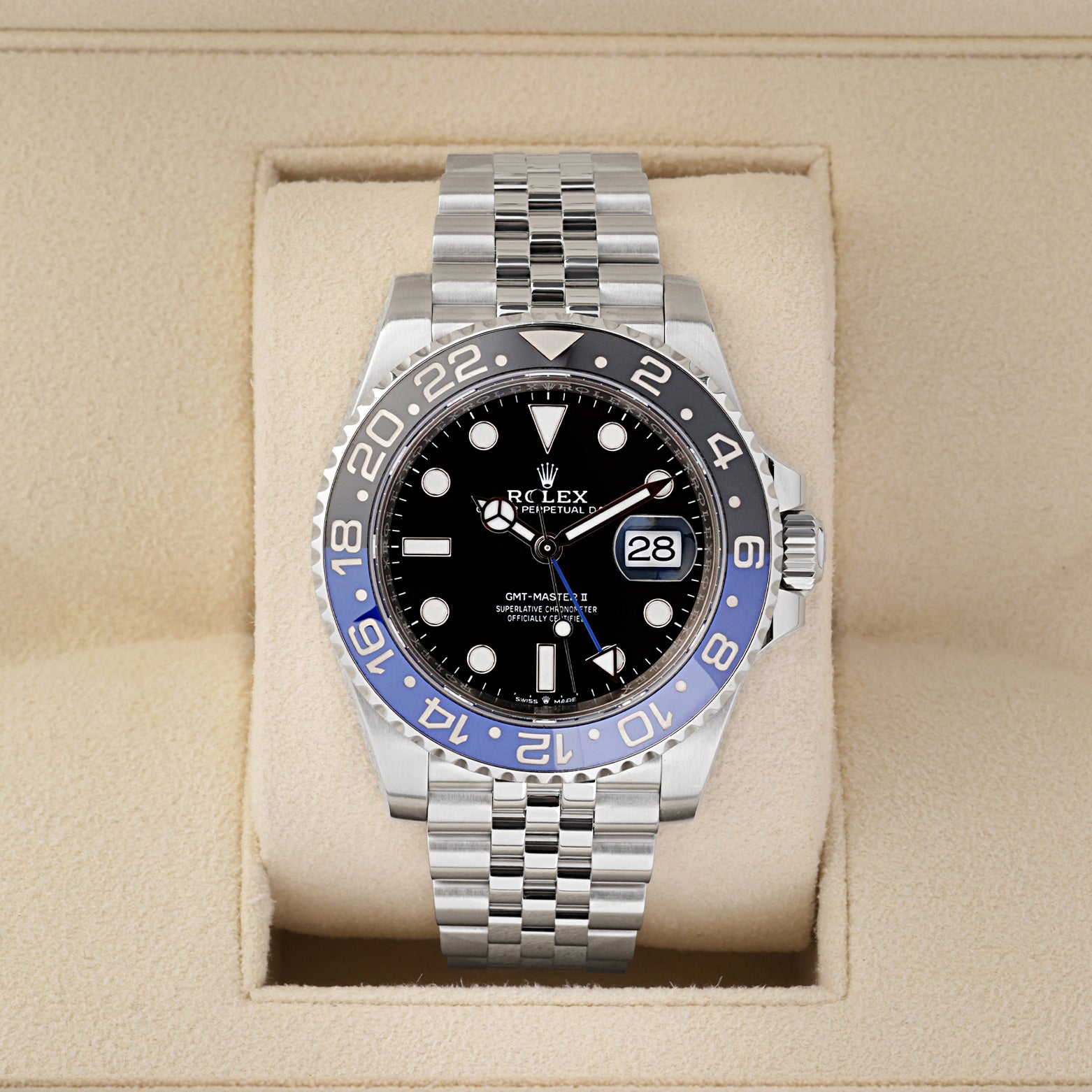 Pre owned Rolex GMT-Master II Batgirl 126710BLNR on Jubilee bracelet at Noah's Fine Watches & Jewelry Dallas