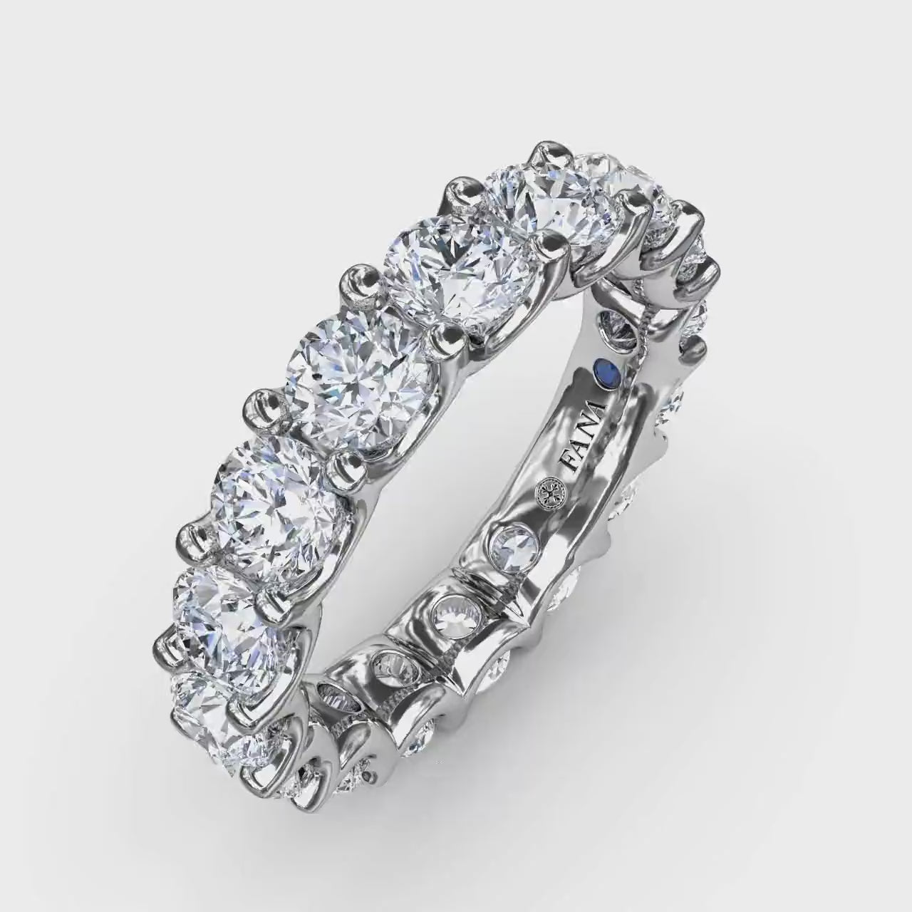 360-degree product video of the Fana W6139 14k white gold 3.6ct smooth diamond eternity band, displaying its full-circle brilliance and shared-prong layout at Noah's Fine Watches & Jewelry
