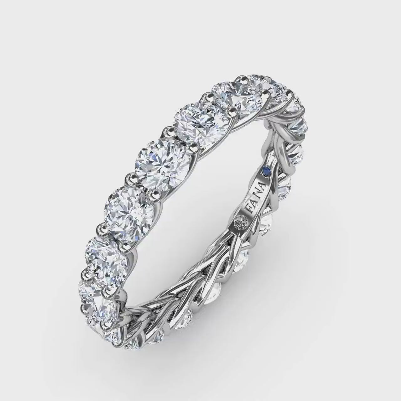 360-degree product video of the Fana W6138 14k white gold woven diamond eternity band, highlighting the side profile detailing and full-circle sparkle at Noah's Fine Watches & Jewelry