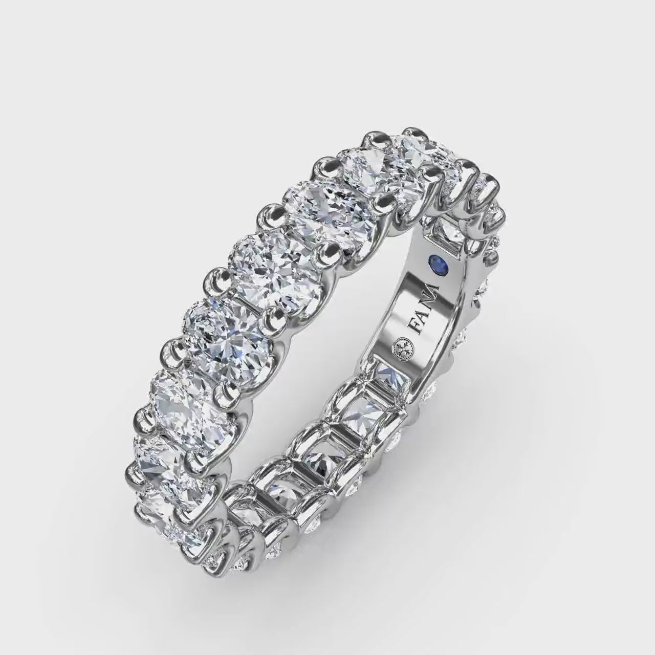 360-degree product video of the Fana W6141 14k white gold 3.30ct oval diamond eternity band, showcasing its full-circle flash and low-profile prong craftsmanship at Noah's Fine Watches & Jewelry