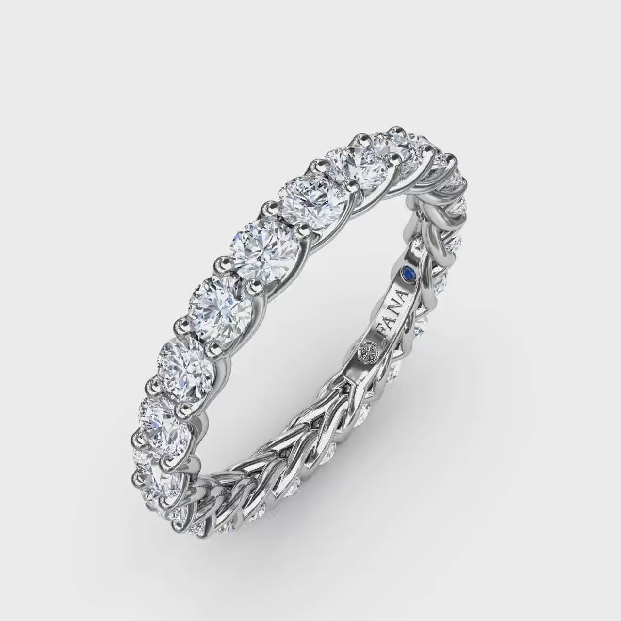 360-degree product video of the Fana W6136 14k white gold 1.98ct woven diamond eternity band, highlighting its side profile detailing and full-circle sparkle at Noah's Fine Watches & Jewelry.