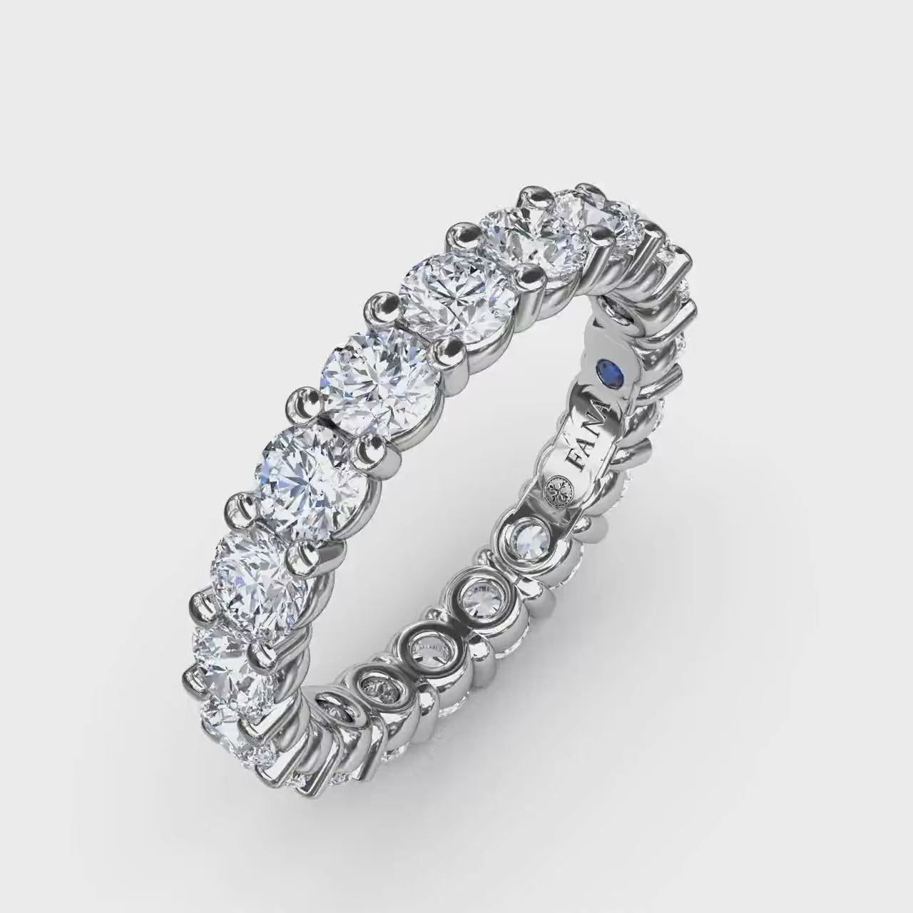 360 degree product video of the Fana W6129 14k white gold 2.47ct chunky shared prong diamond eternity band, highlighting its heavy low profile and full-circle flash at Noah's Fine Watches & Jewelry