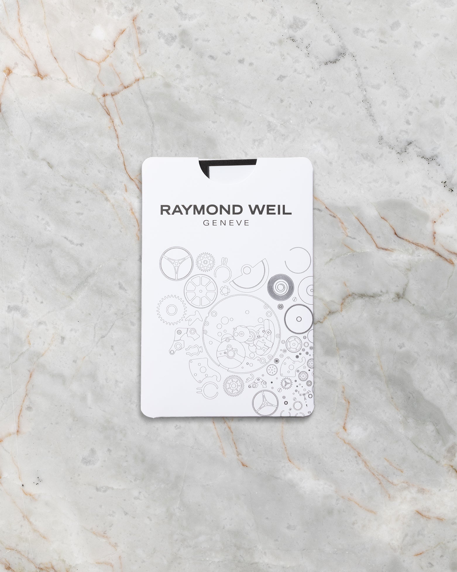 Official white Raymond Weil Geneve watch paperwork booklet sleeve decorated with technical horology gear line art