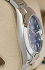 left non-crown side profile view of a stainless steel Rolex Datejust 126300 highlighting its high-polish finish and curved lugs