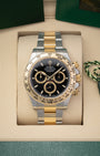 Pre owned 2026 Rolex Cosmograph Daytona 126503 two-tone Yellow Rolesor watch with black dial in display box at Noah's Fine Watches & Jewelry in Dallas, Texas