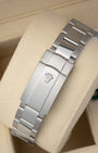 top-down snapshot of the brushed stainless steel three-link Oyster bracelet showing the folding Oysterclasp with an embossed coronet