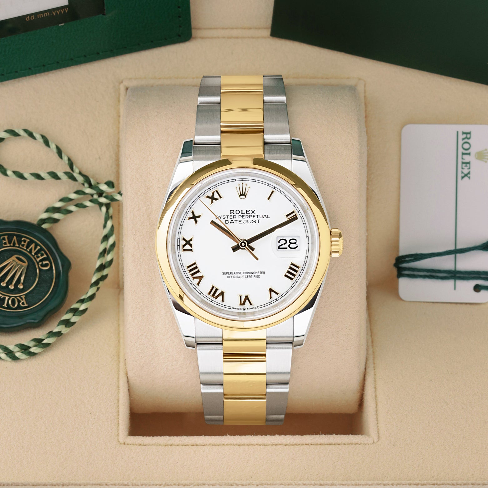 Pre owned 2025 Rolex Datejust 36 126203 white Roman dial two-tone watch at Noah's Fine Watches & Jewelry in Dallas, TX