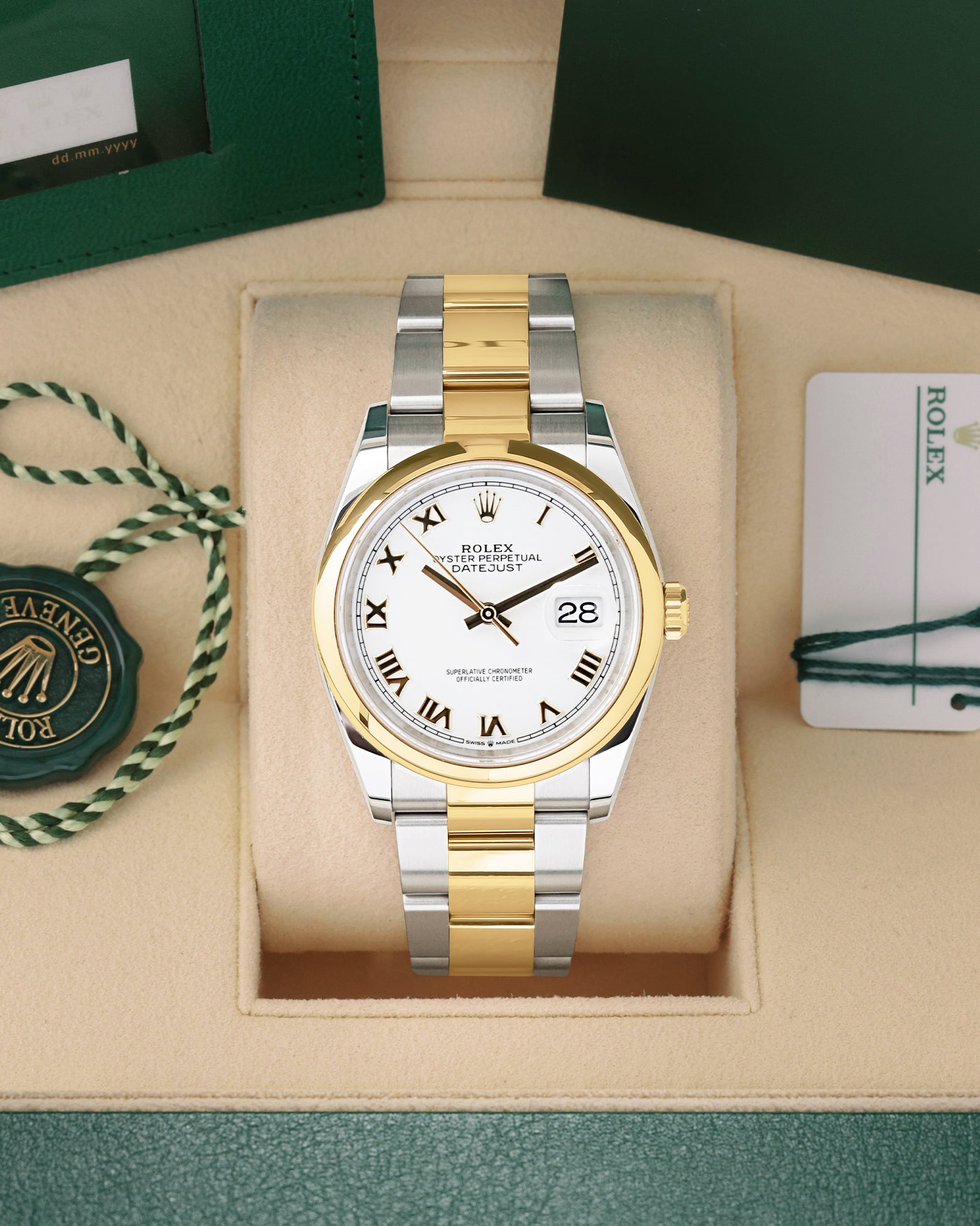 Pre owned 2025 Rolex Datejust 36 126203 white Roman dial two-tone watch at Noah's Fine Watches & Jewelry in Dallas, TX