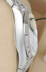 Side profile view of the polished 36mm Oystersteel case and 18k white gold fluted bezel on Rolex Datejust 126234
