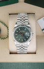Rolex Datejust 36 126234 stainless steel watch featuring a mint green stick dial and 18k white gold fluted bezel inside its box