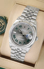 angled view of Rolex Datejust 36 126234 featuring a slate Wimbledon dial, green Roman numerals, and Jubilee bracelet