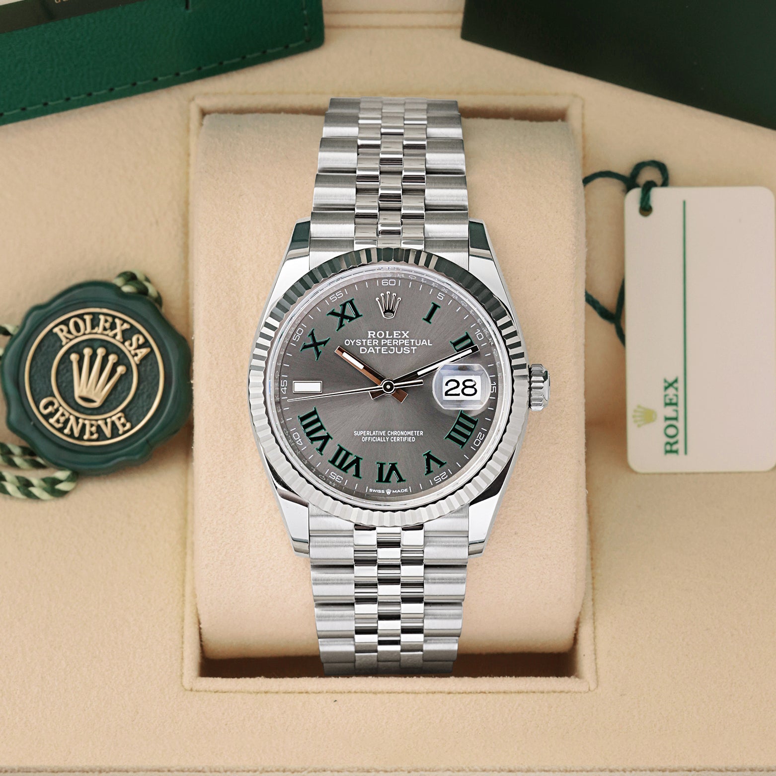 Pre-owned 2025 Rolex Datejust 36 Wimbledon 126234 slate dial watch at Noah's Fine Watches & Jewelry in Dallas, TX