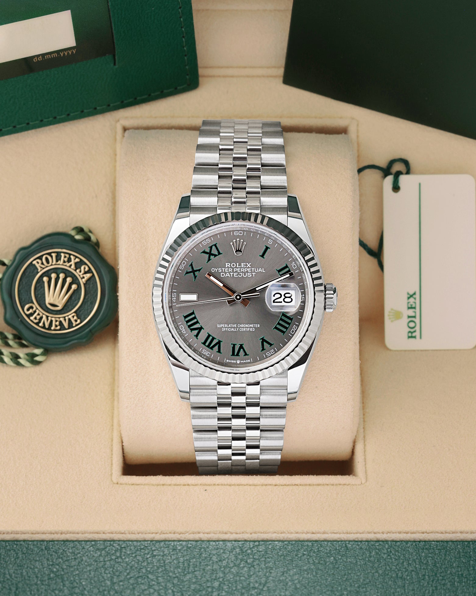 Pre-owned 2025 Rolex Datejust 36 Wimbledon 126234 slate dial watch at Noah's Fine Watches & Jewelry in Dallas, TX