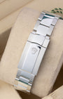 Rear view of the stainless steel three-link Oyster bracelet showing the folding Oysterclasp with the embossed Rolex crown coronet logo
