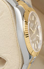 Side profile view of the 41mm Oystersteel case and yellow gold fluted bezel on reference 126333