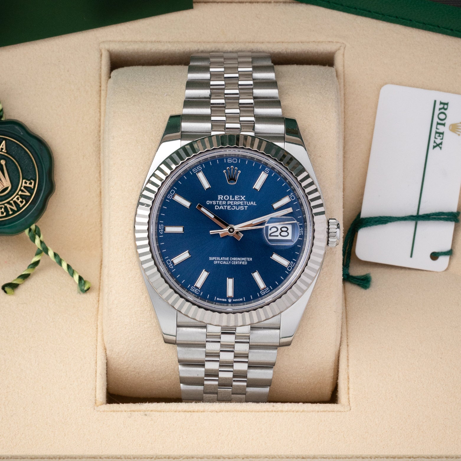 Pre owned 2023 Rolex Datejust 41 126334 blue dial with fluted bezel and Jubilee bracelet in box set at Noah's Fine Watches Dallas