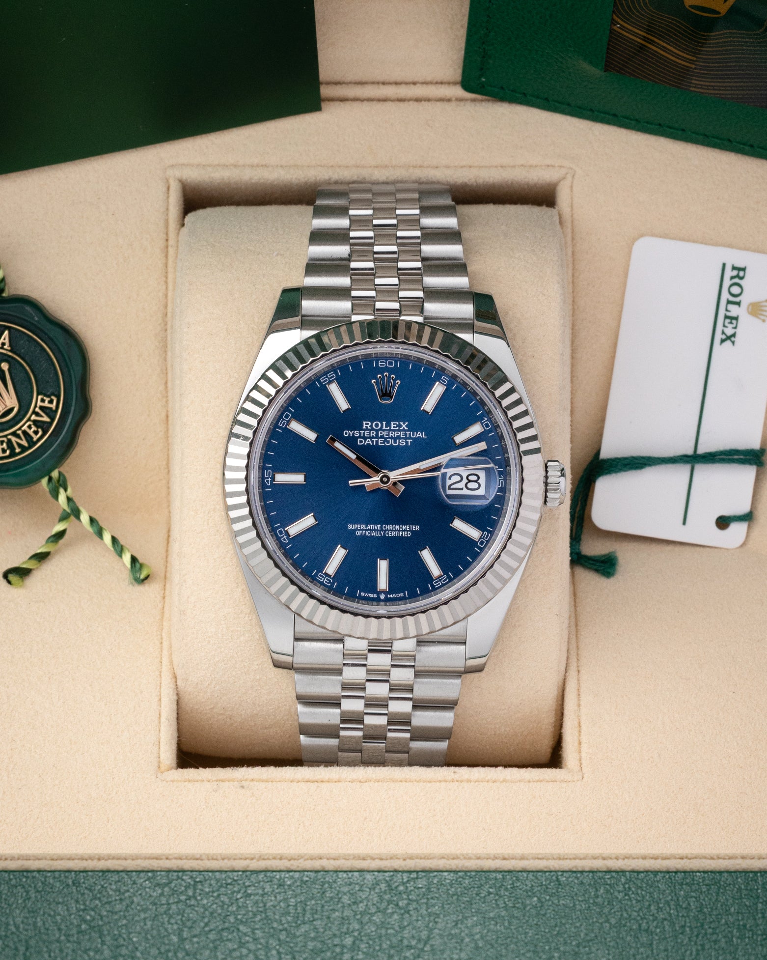 Pre owned 2023 Rolex Datejust 41 126334 blue dial with fluted bezel and Jubilee bracelet in box set at Noah's Fine Watches Dallas