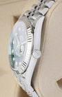 Right side profile view highlighting the polished steel case finish, winding crown, and Jubilee link integration on a Rolex Datejust 41