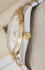Two-tone case profile view showcasing the 18k yellow gold screw-down winding crown on a 41mm Rolex Datejust