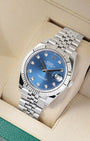 Front angled view of an Oystersteel Rolex Datejust 41 featuring an 18k white gold fluted bezel and Jubilee bracelet in Dallas